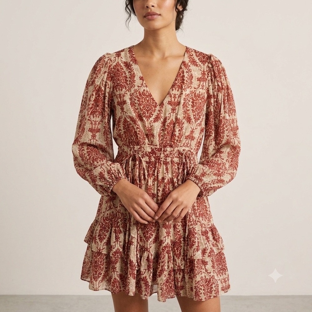 Entro Womens Mini Dress Large Red Beige Damask V-Neck Long Sleeve Tiered‎ Boho L
